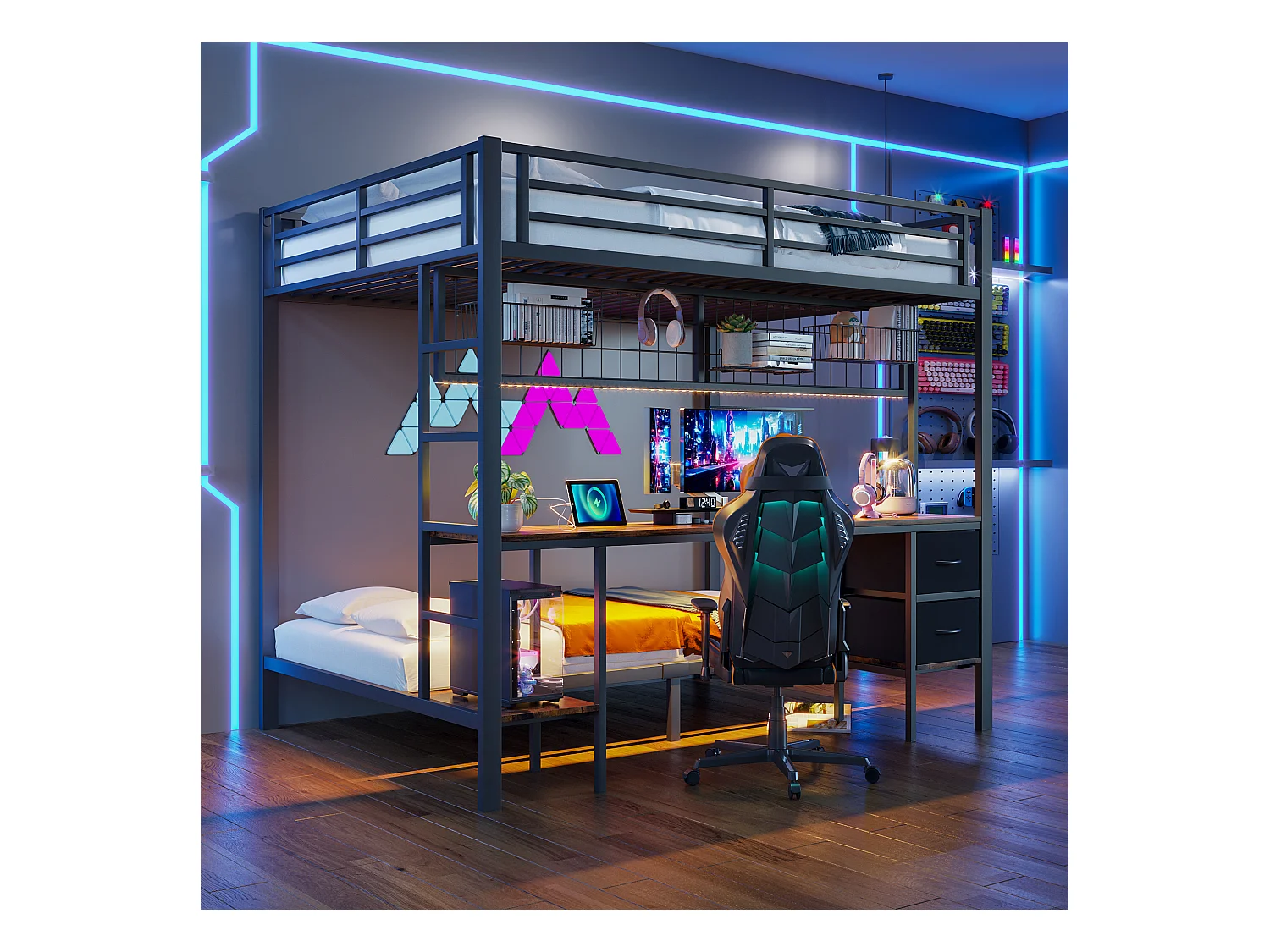 Lit mezzanine 90x200 et 140x200 cm, cadre en métal, tiroirs, étagères, porte-objets, bureau, LED 7 couleurs, USB, sans matelas, Noir