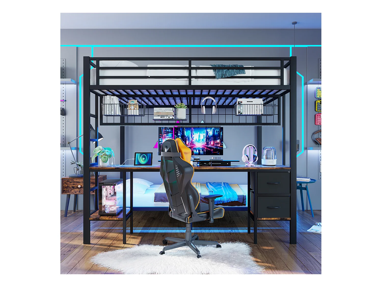 Lit mezzanine 90x200 et 140x200 cm, cadre en métal, tiroirs, étagères, porte-objets, bureau, LED 7 couleurs, USB, sans matelas, Noir