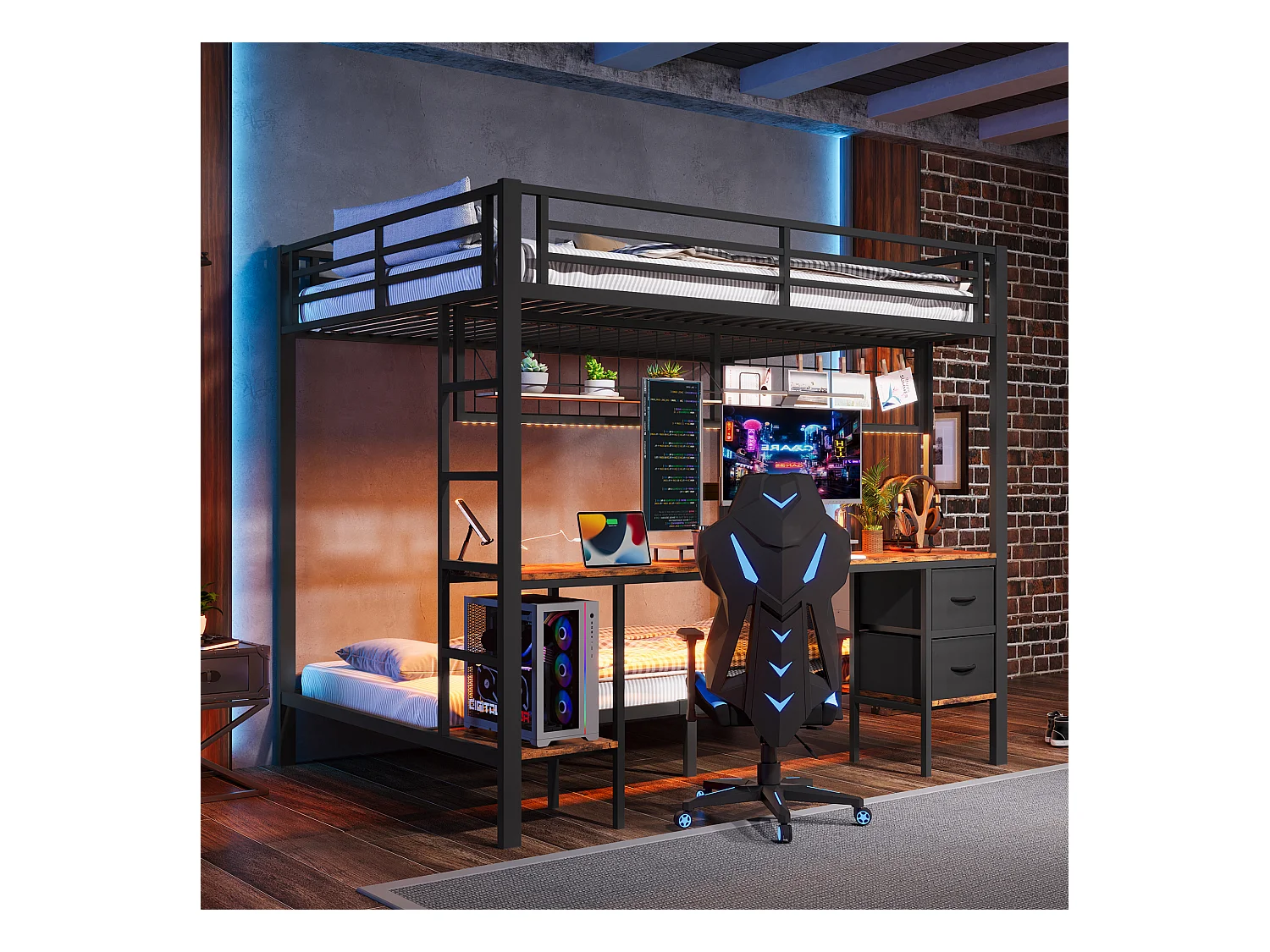 Lit mezzanine 90x200 et 140x200 cm, cadre en métal, tiroirs, étagères, porte-objets, bureau, LED 7 couleurs, USB, sans matelas, Noir