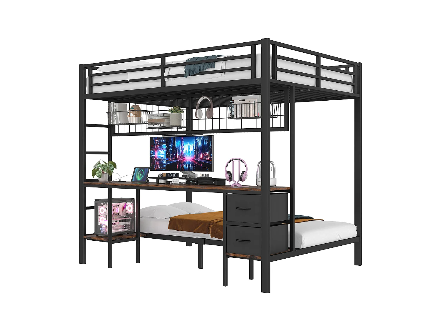 Lit mezzanine 90x200 et 140x200 cm, cadre en métal, tiroirs, étagères, porte-objets, bureau, LED 7 couleurs, USB, sans matelas, Noir