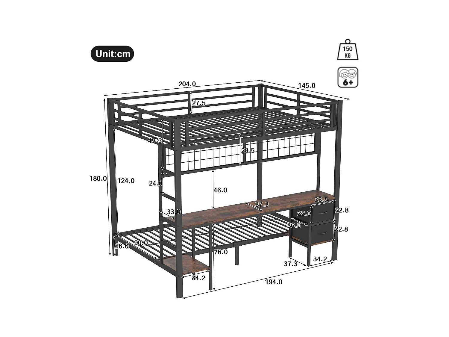 Lit mezzanine 90x200 et 140x200 cm, cadre en métal, tiroirs, étagères, porte-objets, bureau, LED 7 couleurs, USB, sans matelas, Noir