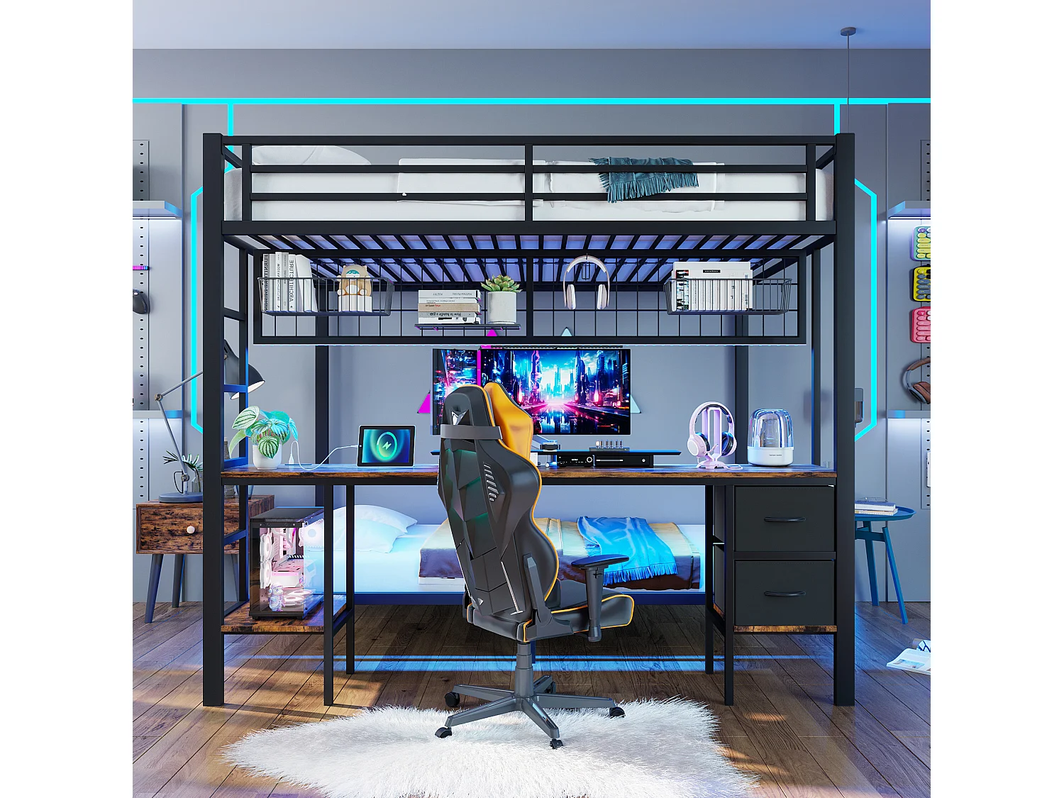 Lit mezzanine 90x200 et 140x200 cm, cadre en métal, tiroirs, étagères, porte-objets, bureau, LED 7 couleurs, USB, sans matelas, Noir