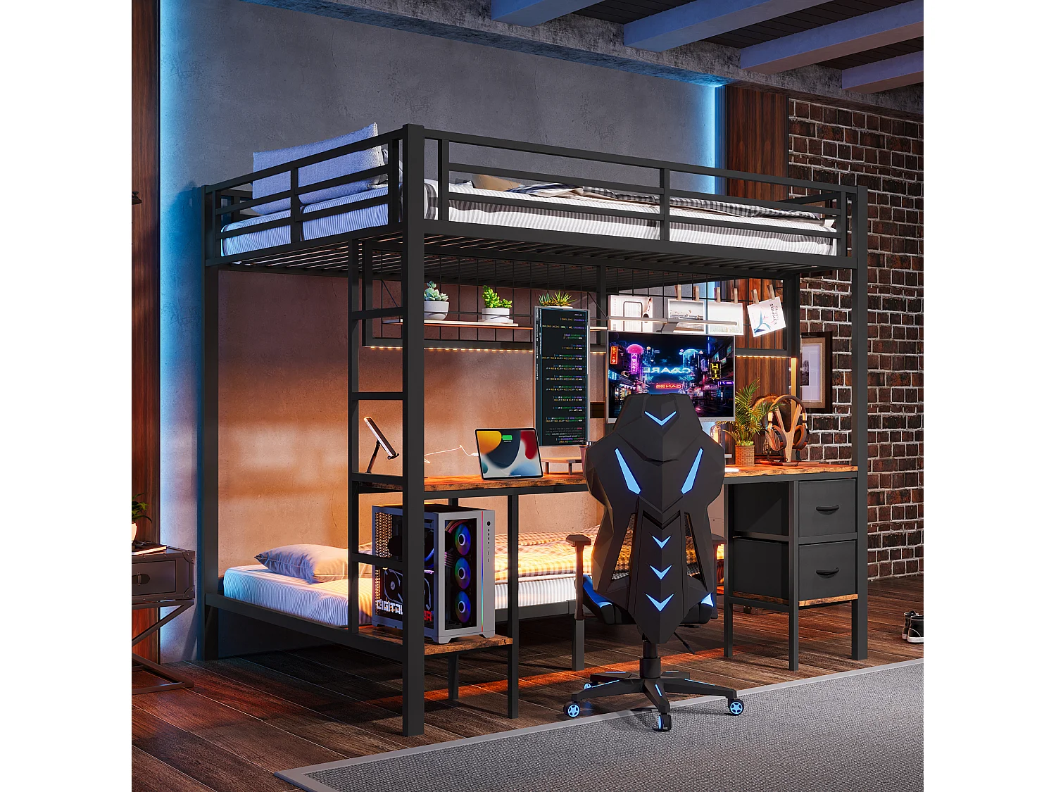 Lit mezzanine 90x200 et 140x200 cm, cadre en métal, tiroirs, étagères, porte-objets, bureau, LED 7 couleurs, USB, sans matelas, Noir