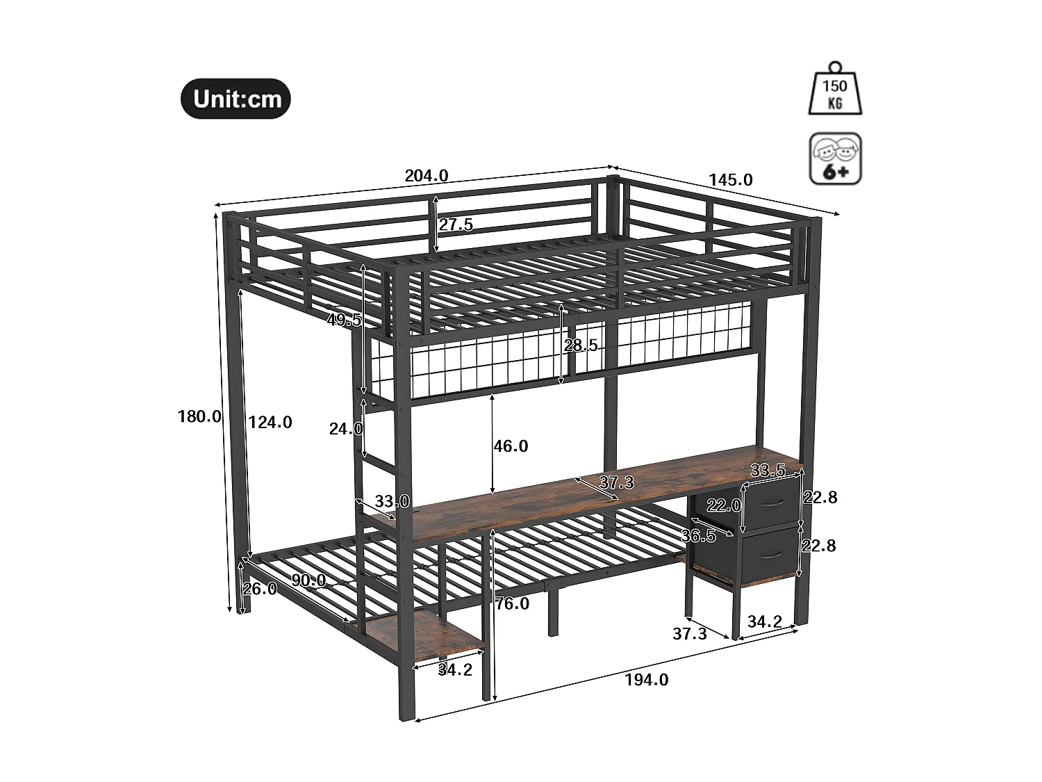 Lit mezzanine 90x200 et 140x200 cm, cadre en métal, tiroirs, étagères, porte-objets, bureau, LED 7 couleurs, USB, sans matelas, Noir
