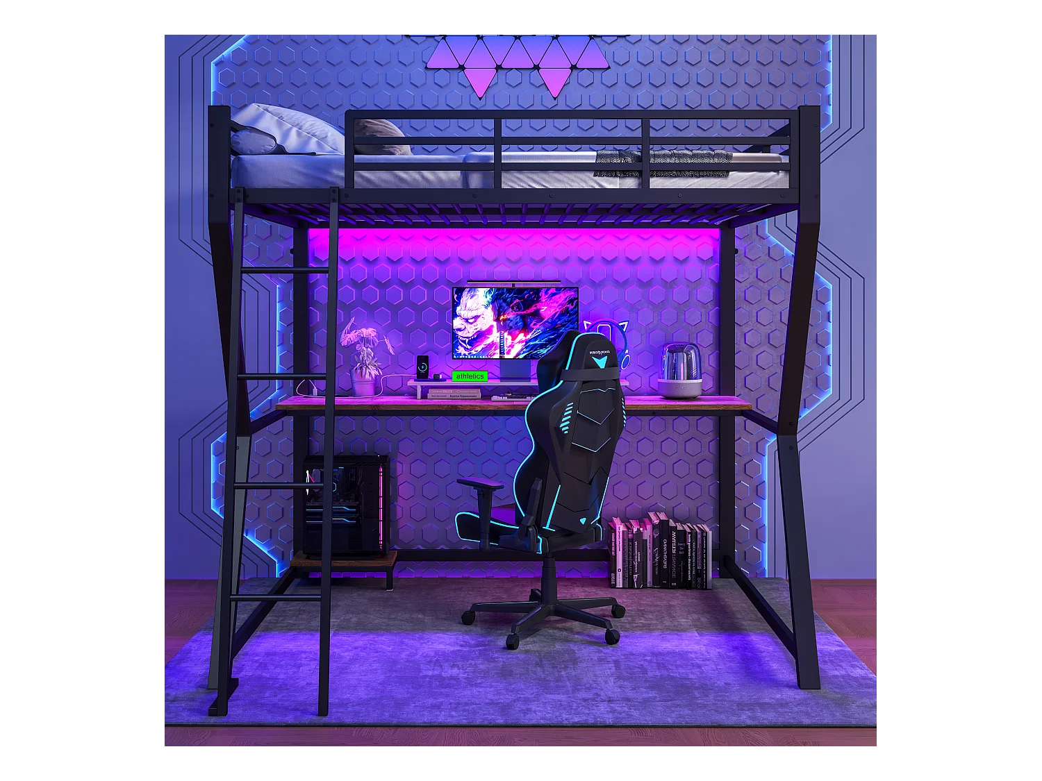 Lit mezzanine 140x200 cm avec LED, support pour console, bureau, prise + USB, rambarde, échelle, sans matelas, Noir