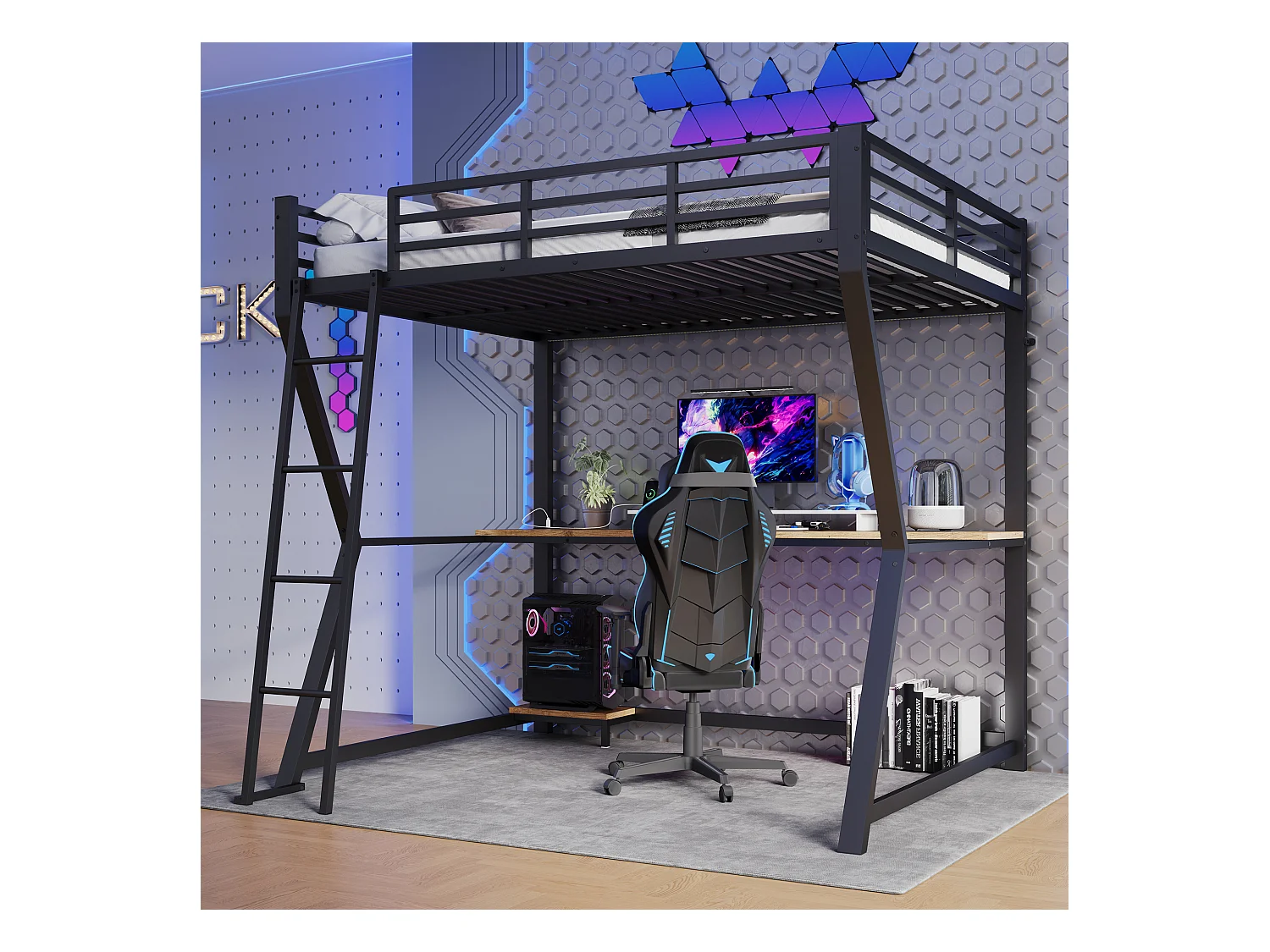 Lit mezzanine 140x200 cm avec LED, support pour console, bureau, prise + USB, rambarde, échelle, sans matelas, Noir