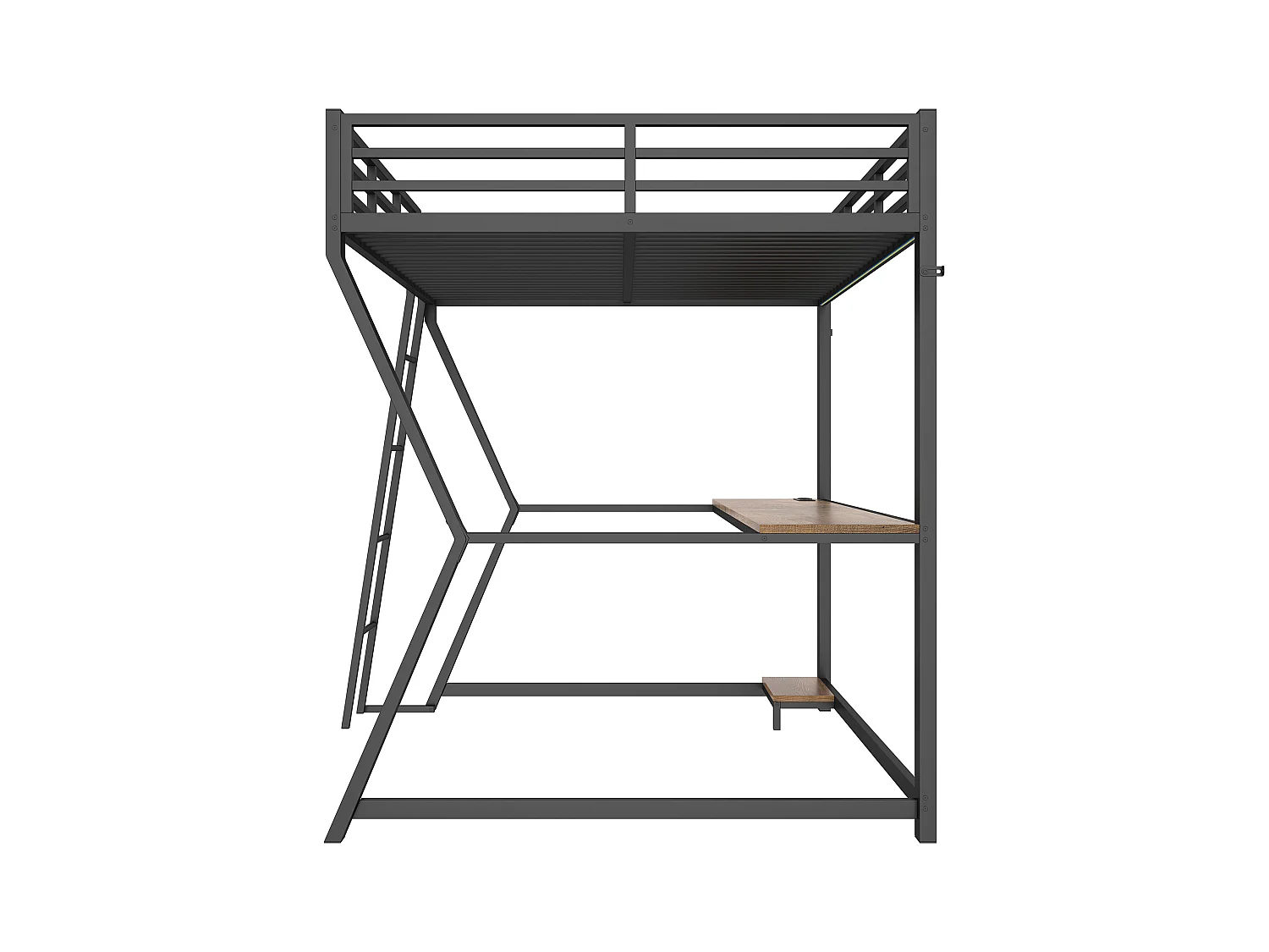 Lit mezzanine 140x200 cm avec LED, support pour console, bureau, prise + USB, rambarde, échelle, sans matelas, Noir