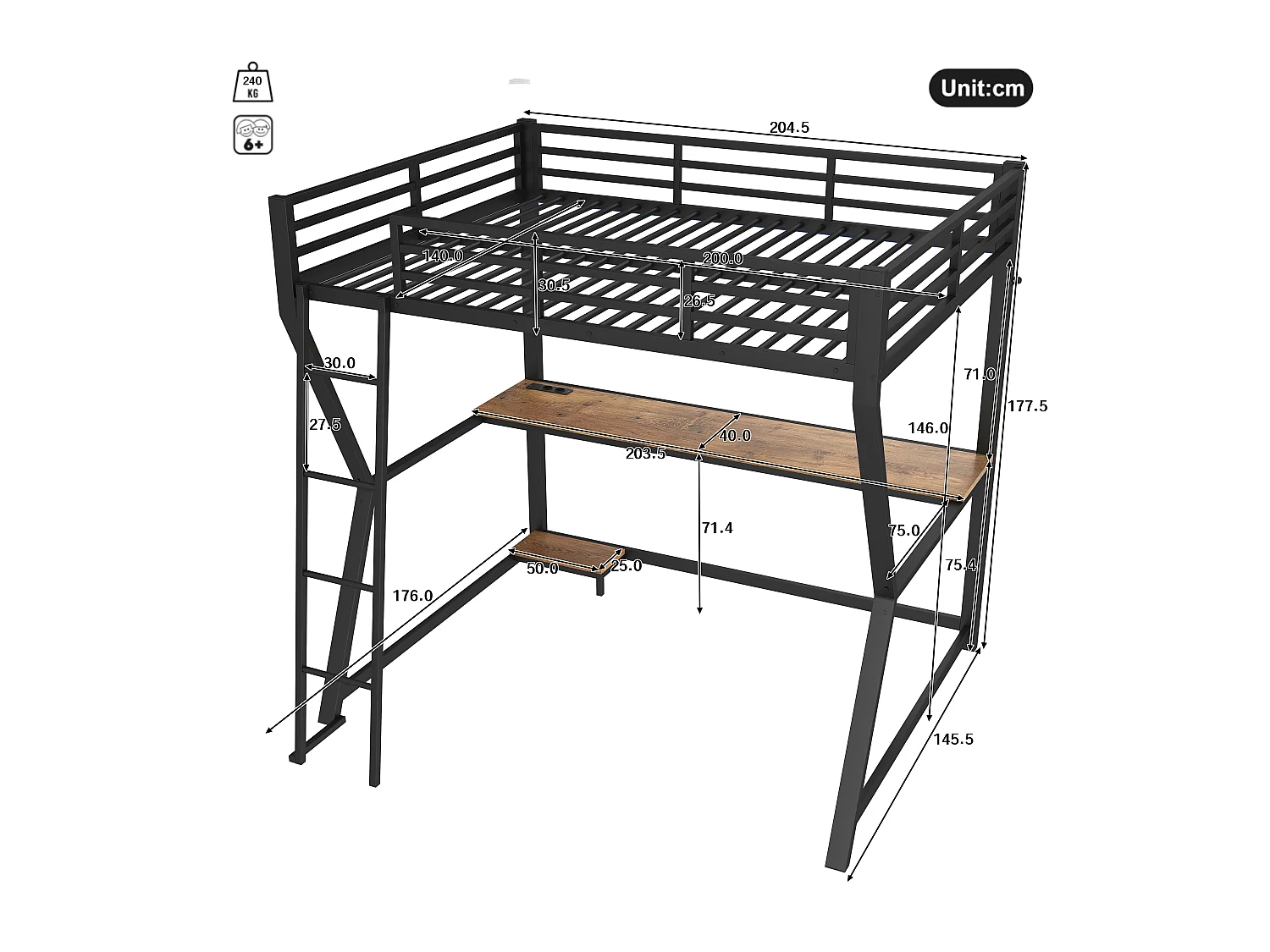 Lit mezzanine 140x200 cm avec LED, support pour console, bureau, prise + USB, rambarde, échelle, sans matelas, Noir