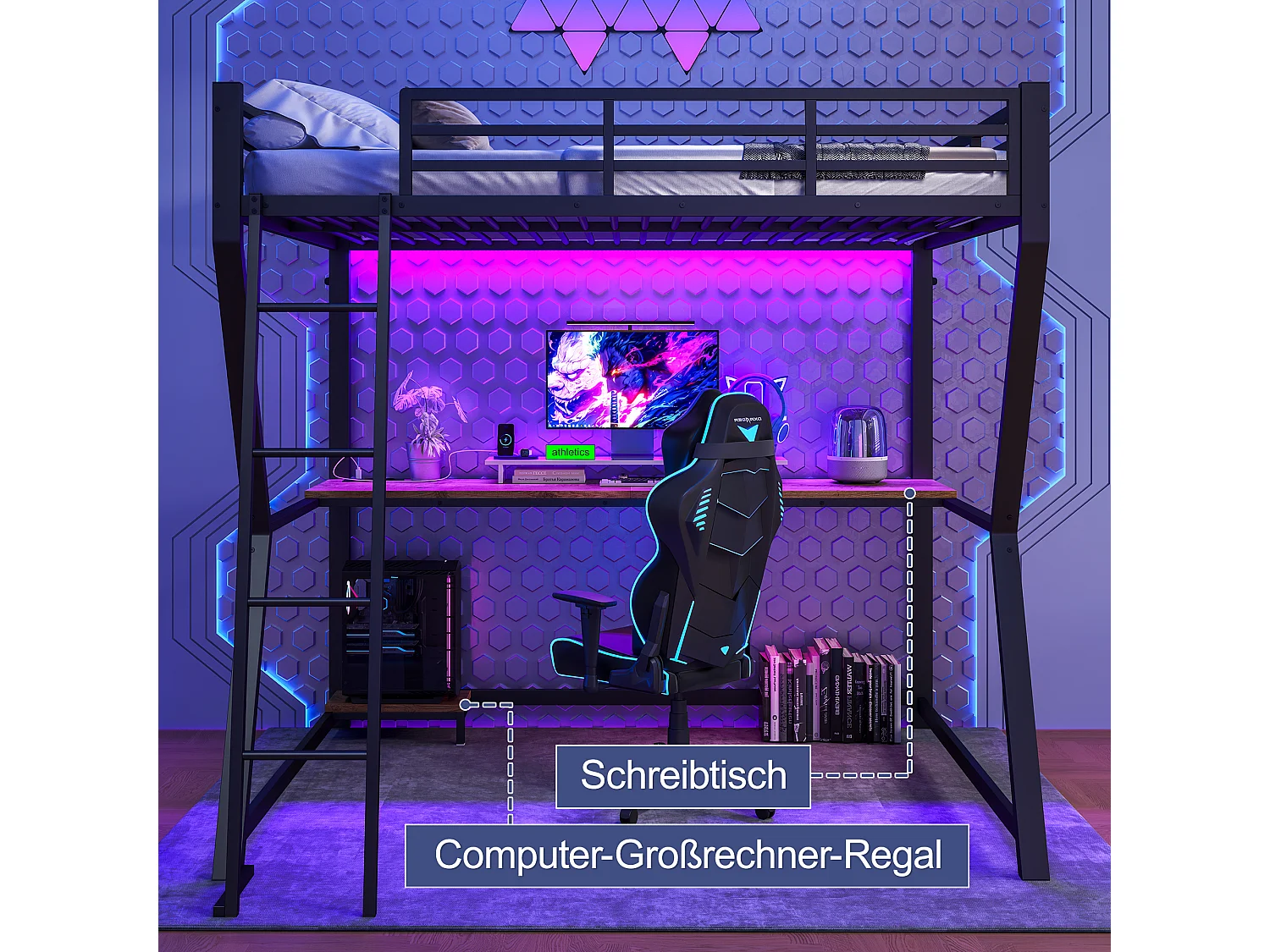 Lit mezzanine 140x200 cm avec LED, support pour console, bureau, prise + USB, rambarde, échelle, sans matelas, Noir