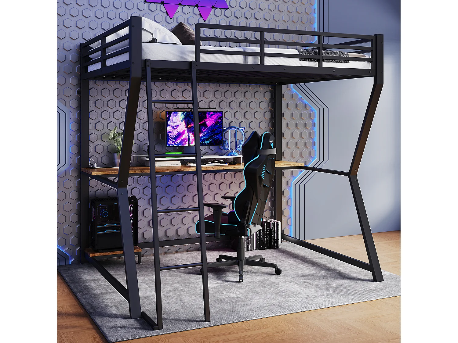 Lit mezzanine 140x200 cm avec LED, support pour console, bureau, prise + USB, rambarde, échelle, sans matelas, Noir