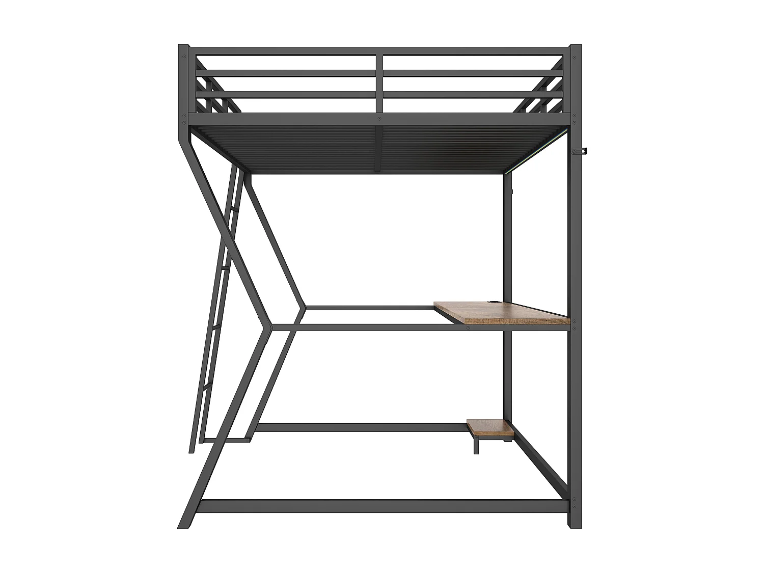 Lit mezzanine 140x200 cm avec LED, support pour console, bureau, prise + USB, rambarde, échelle, sans matelas, Noir