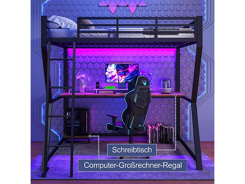 Lit mezzanine 140x200 cm avec LED, support pour console, bureau, prise + USB, rambarde, échelle, sans matelas, Noir