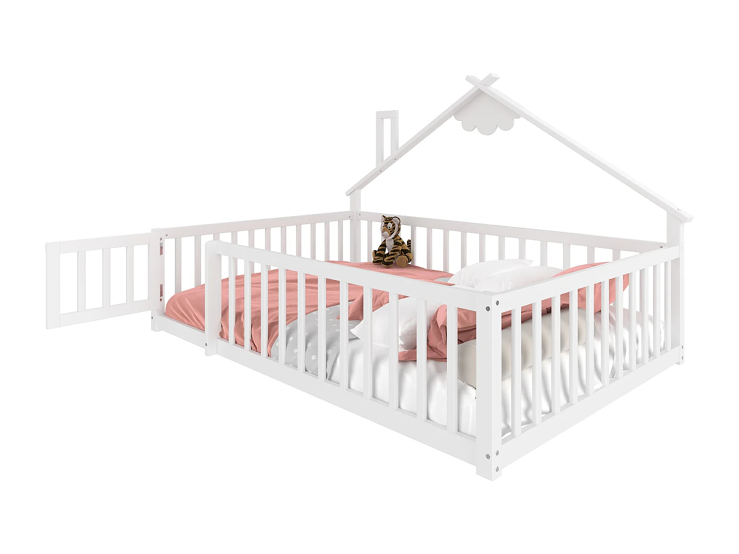 Lit bas 140x190 cm pour enfant avec barreau maison, rambarde avec verrou, bois de pin, Blanc