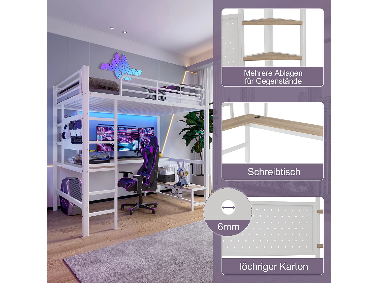 Lit mezzanine 90x200 cm, cadre en métal avec bureau, échelle, étagères, prise USB + Type-C, LED, sans matelas, Blanc