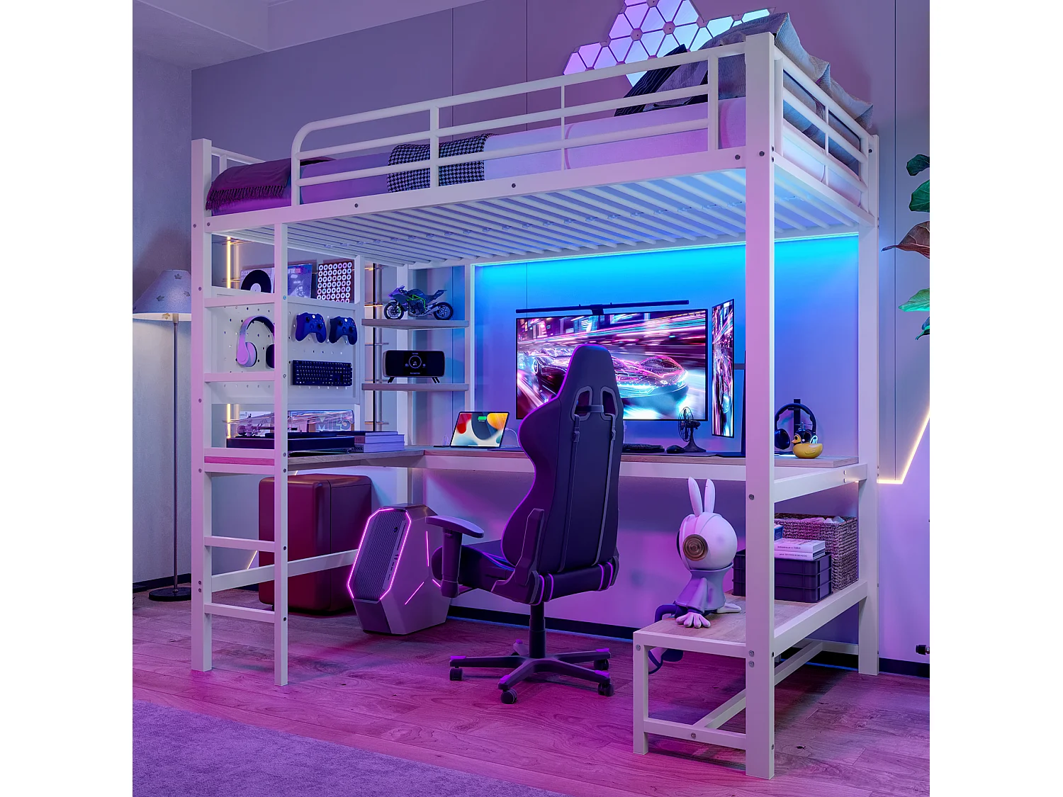 Lit mezzanine 90x200 cm, cadre en métal avec bureau, échelle, étagères, prise USB + Type-C, LED, sans matelas, Blanc