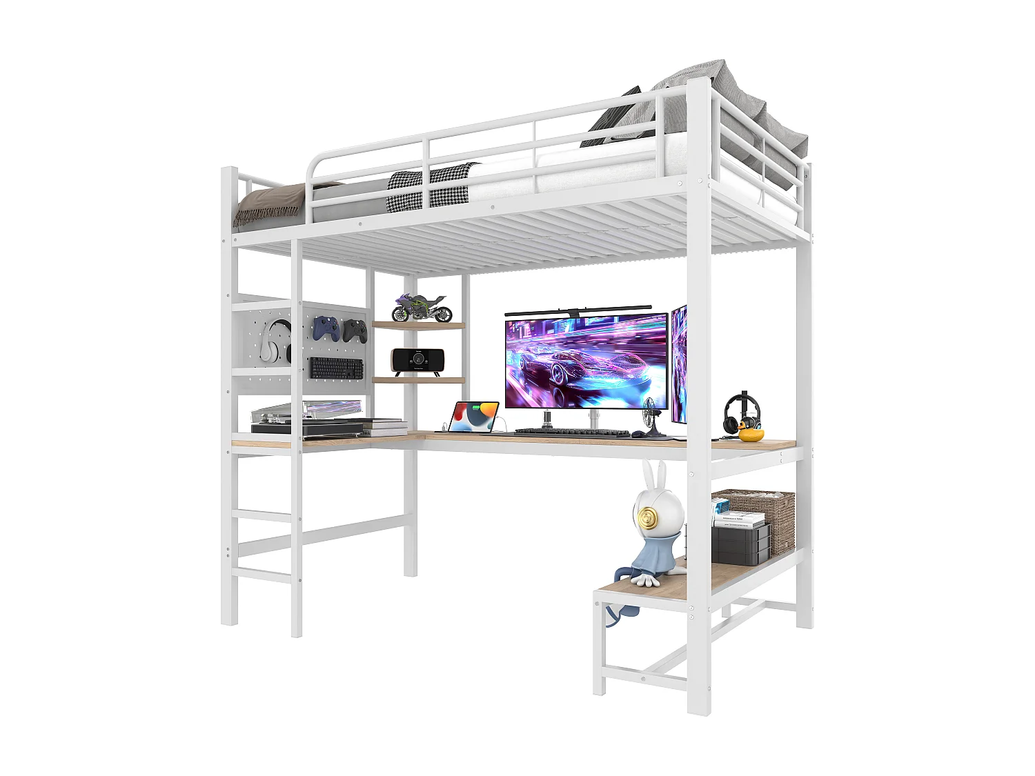 Lit mezzanine 90x200 cm, cadre en métal avec bureau, échelle, étagères, prise USB + Type-C, LED, sans matelas, Blanc