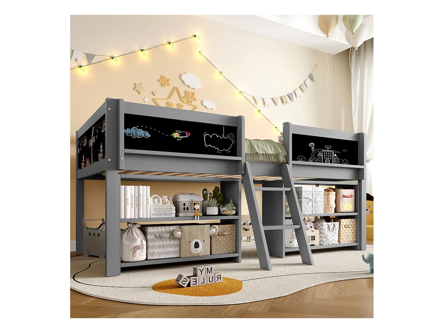 Lit Mi-Hauteur 90 x 200 cm, avec Rangements Multiples, Échelle, Rampe de Sécurité, Pin Massif, sans Matelas, Gris