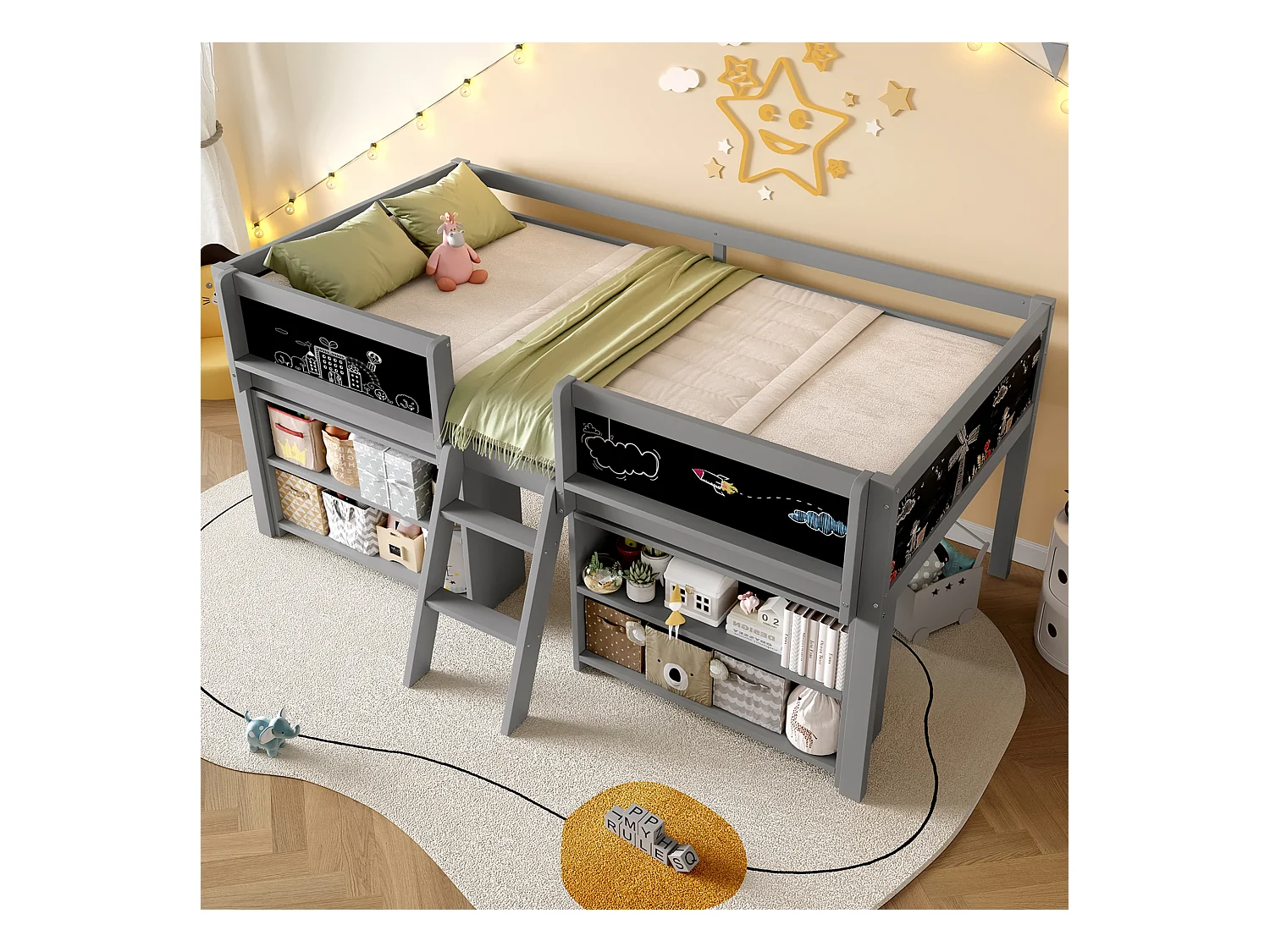 Lit Mi-Hauteur 90 x 200 cm, avec Rangements Multiples, Échelle, Rampe de Sécurité, Pin Massif, sans Matelas, Gris