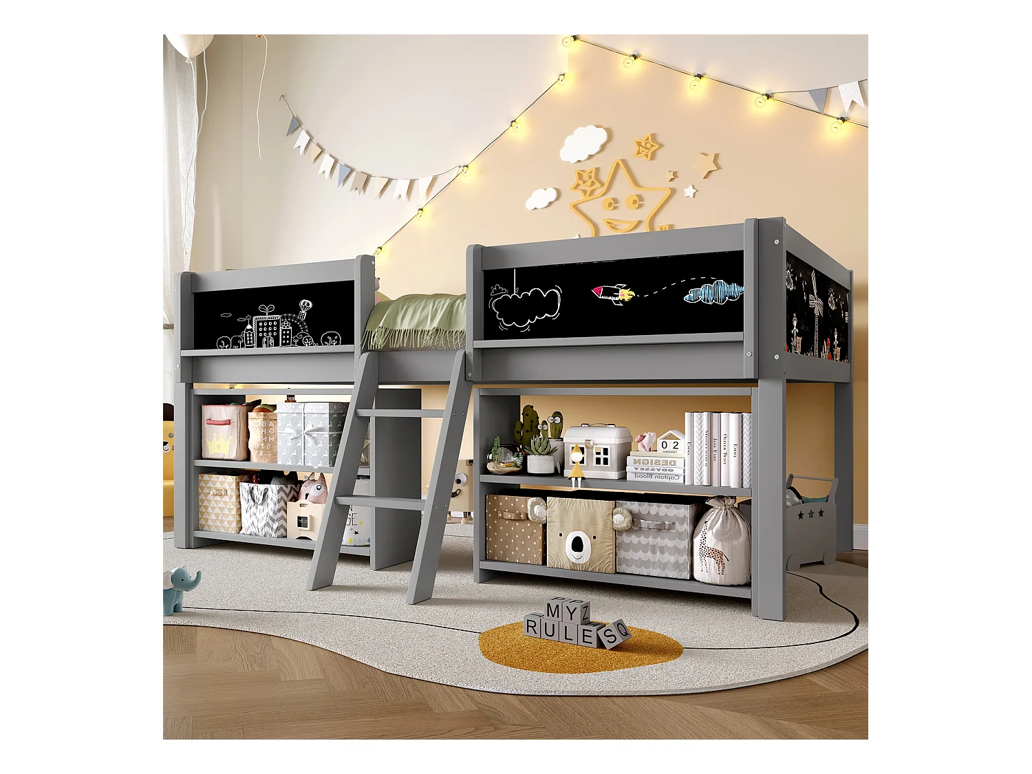 Lit Mi-Hauteur 90 x 200 cm, avec Rangements Multiples, Échelle, Rampe de Sécurité, Pin Massif, sans Matelas, Gris