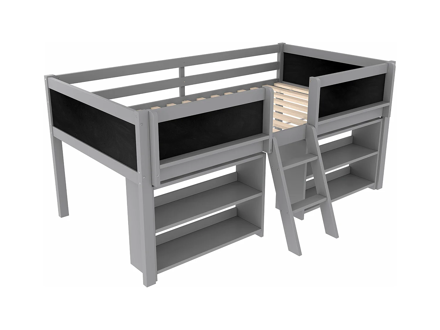 Lit Mi-Hauteur 90 x 200 cm, avec Rangements Multiples, Échelle, Rampe de Sécurité, Pin Massif, sans Matelas, Gris