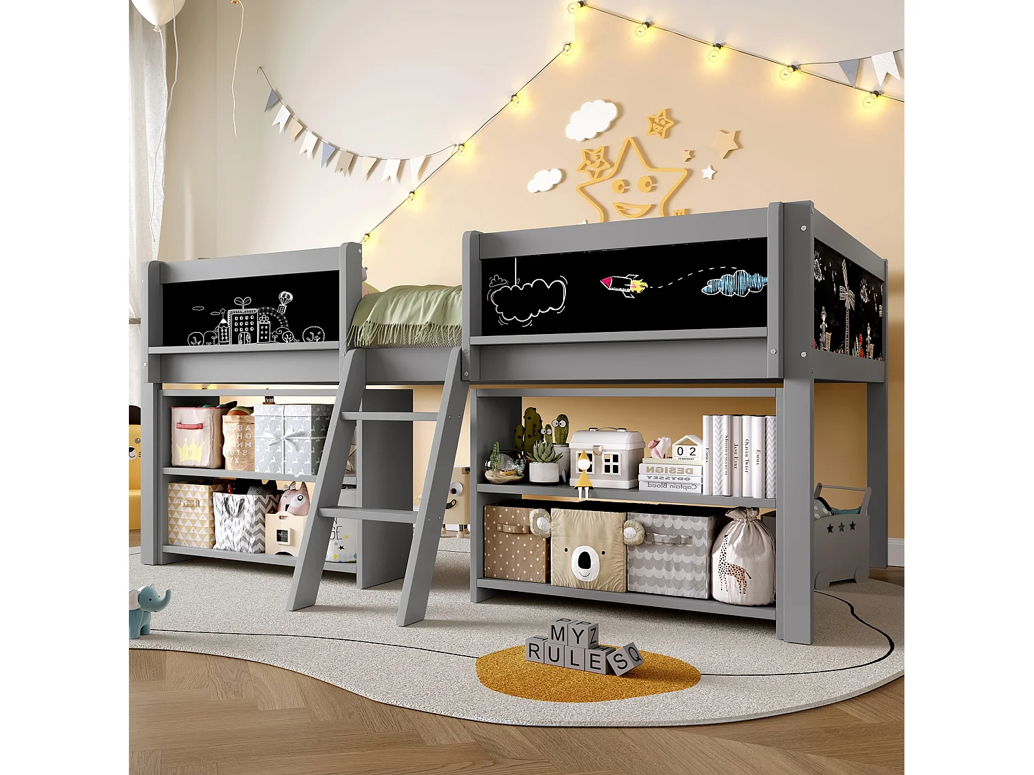 Lit Mi-Hauteur 90 x 200 cm, avec Rangements Multiples, Échelle, Rampe de Sécurité, Pin Massif, sans Matelas, Gris