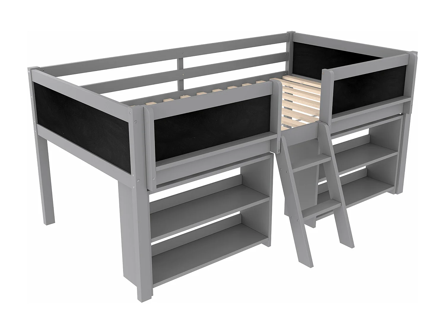 Lit Mi-Hauteur 90 x 200 cm, avec Rangements Multiples, Échelle, Rampe de Sécurité, Pin Massif, sans Matelas, Gris