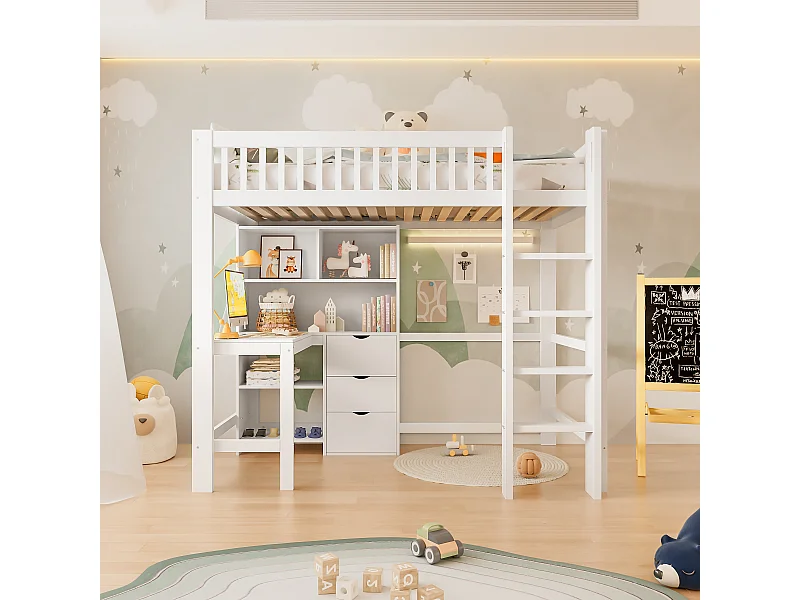 Lit Mezzanine 90 x 200 cm, avec Rangements, Échelle, Bureau Intégré, 3 Tiroirs, sans Matelas, Blanc