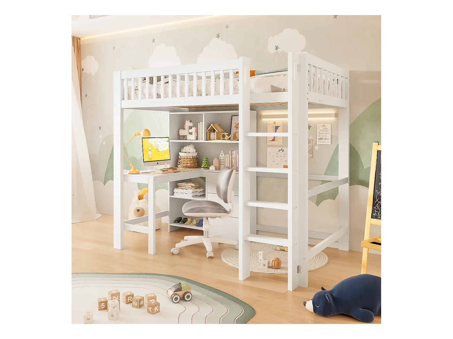 Lit Mezzanine 90 x 200 cm, avec Rangements, Échelle, Bureau Intégré, 3 Tiroirs, sans Matelas, Blanc