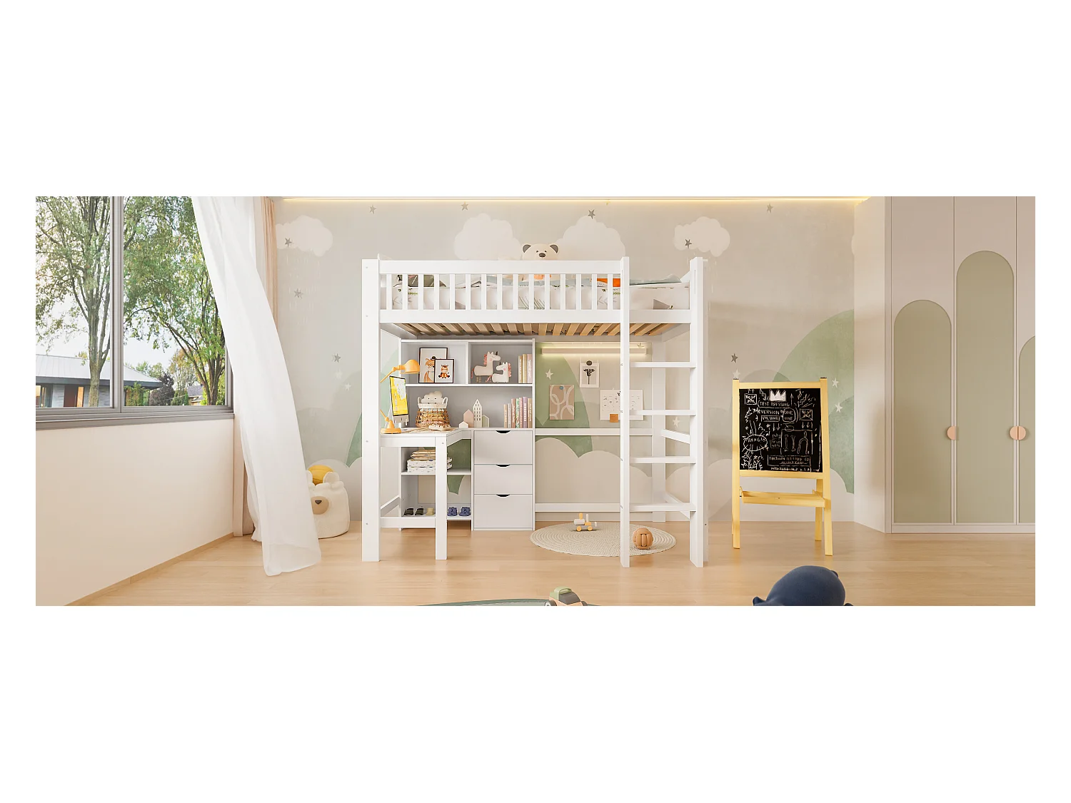 Lit Mezzanine 90 x 200 cm, avec Rangements, Échelle, Bureau Intégré, 3 Tiroirs, sans Matelas, Blanc