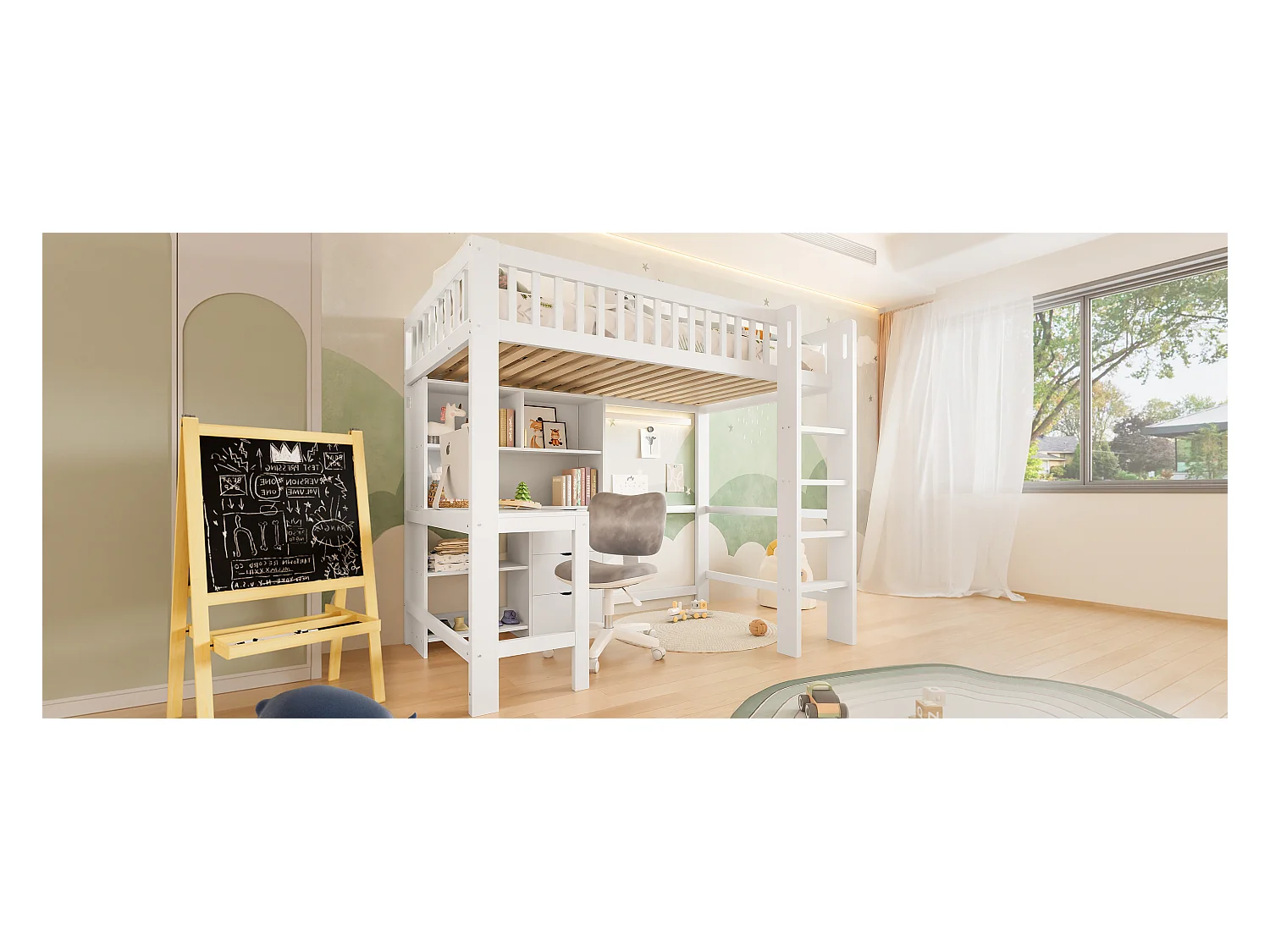 Lit Mezzanine 90 x 200 cm, avec Rangements, Échelle, Bureau Intégré, 3 Tiroirs, sans Matelas, Blanc