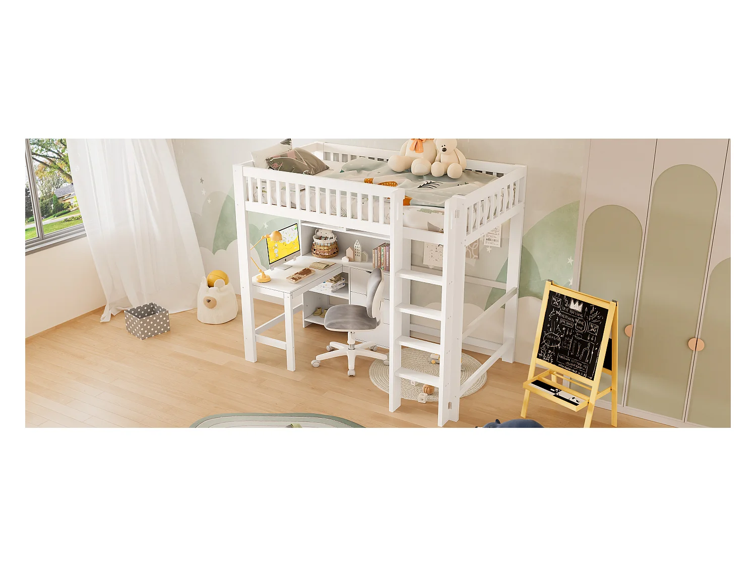 Lit Mezzanine 90 x 200 cm, avec Rangements, Échelle, Bureau Intégré, 3 Tiroirs, sans Matelas, Blanc