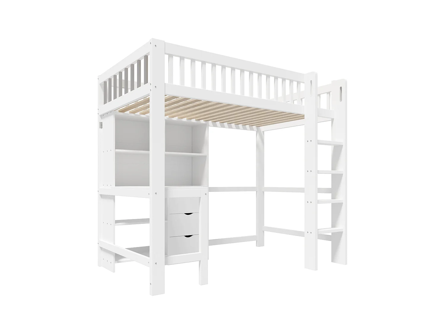 Lit Mezzanine 90 x 200 cm, avec Rangements, Échelle, Bureau Intégré, 3 Tiroirs, sans Matelas, Blanc