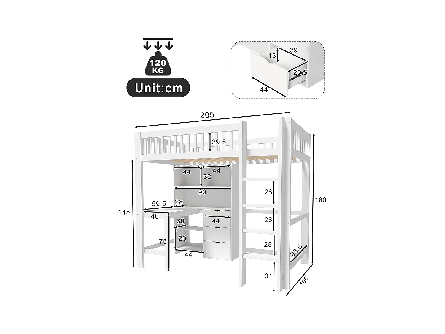 Lit Mezzanine 90 x 200 cm, avec Rangements, Échelle, Bureau Intégré, 3 Tiroirs, sans Matelas, Blanc