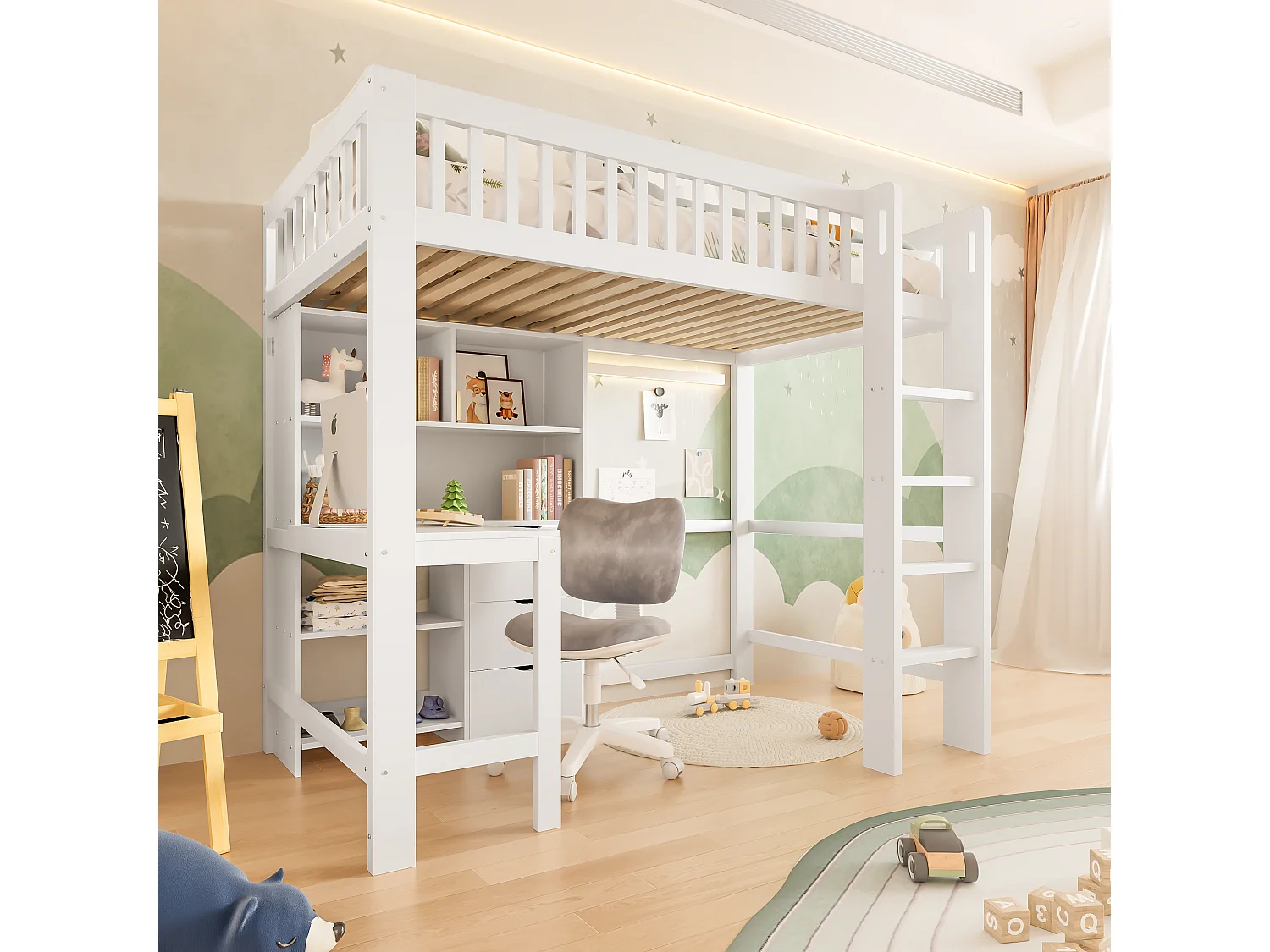 Lit Mezzanine 90 x 200 cm, avec Rangements, Échelle, Bureau Intégré, 3 Tiroirs, sans Matelas, Blanc