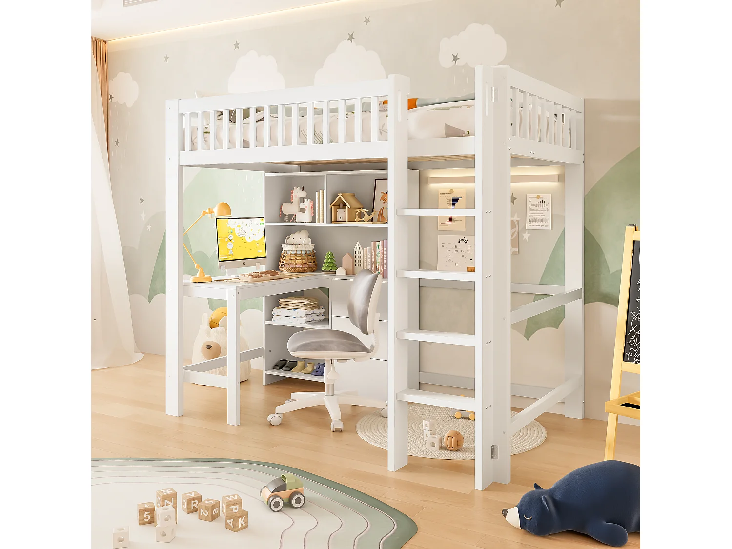 Lit Mezzanine 90 x 200 cm, avec Rangements, Échelle, Bureau Intégré, 3 Tiroirs, sans Matelas, Blanc