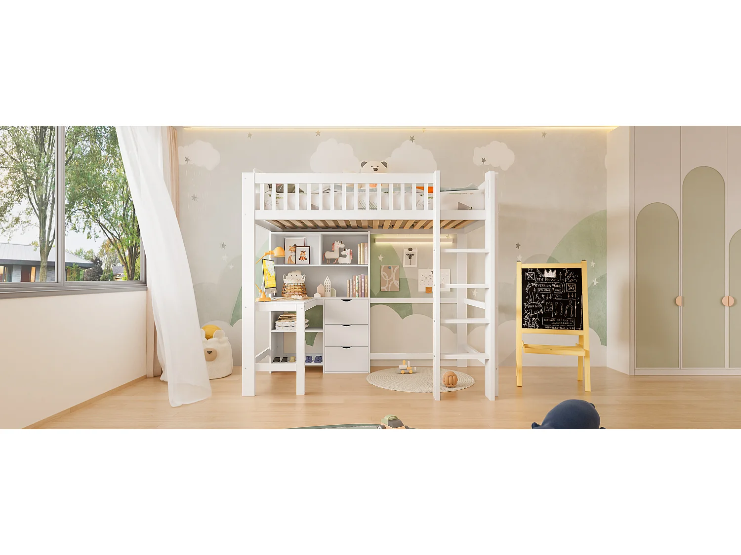 Lit Mezzanine 90 x 200 cm, avec Rangements, Échelle, Bureau Intégré, 3 Tiroirs, sans Matelas, Blanc