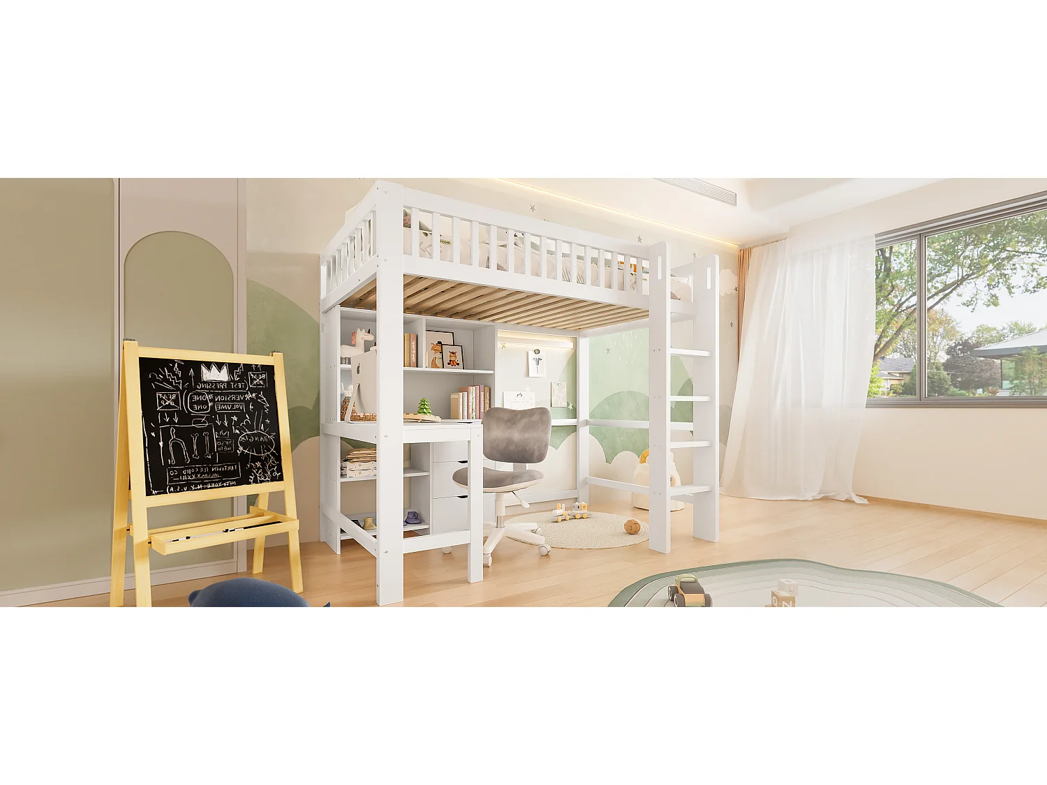 Lit Mezzanine 90 x 200 cm, avec Rangements, Échelle, Bureau Intégré, 3 Tiroirs, sans Matelas, Blanc