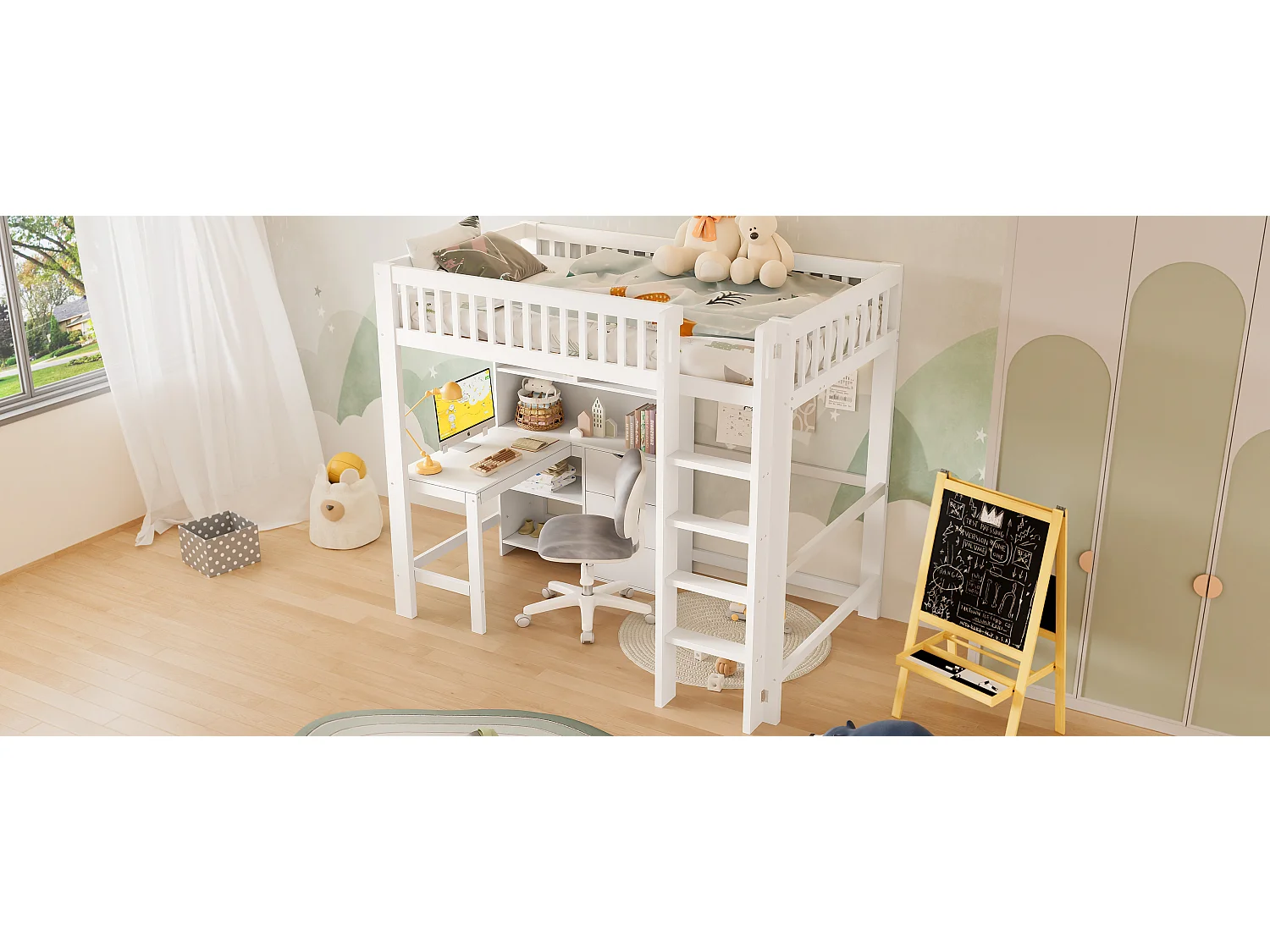 Lit Mezzanine 90 x 200 cm, avec Rangements, Échelle, Bureau Intégré, 3 Tiroirs, sans Matelas, Blanc