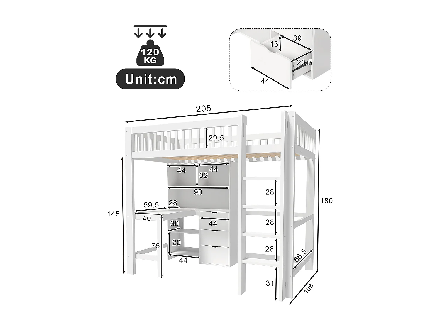 Lit Mezzanine 90 x 200 cm, avec Rangements, Échelle, Bureau Intégré, 3 Tiroirs, sans Matelas, Blanc