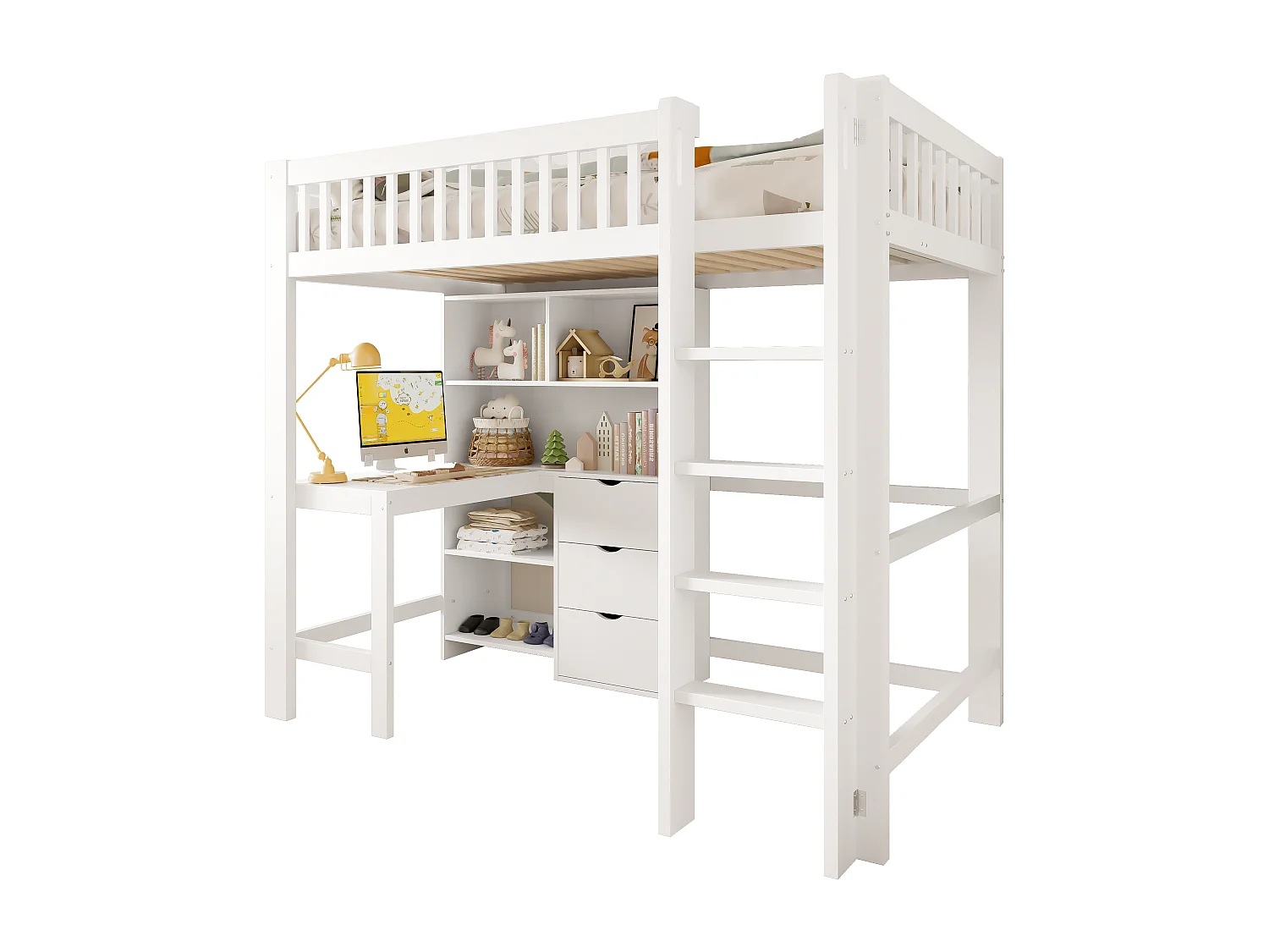 Lit Mezzanine 90 x 200 cm, avec Rangements, Échelle, Bureau Intégré, 3 Tiroirs, sans Matelas, Blanc