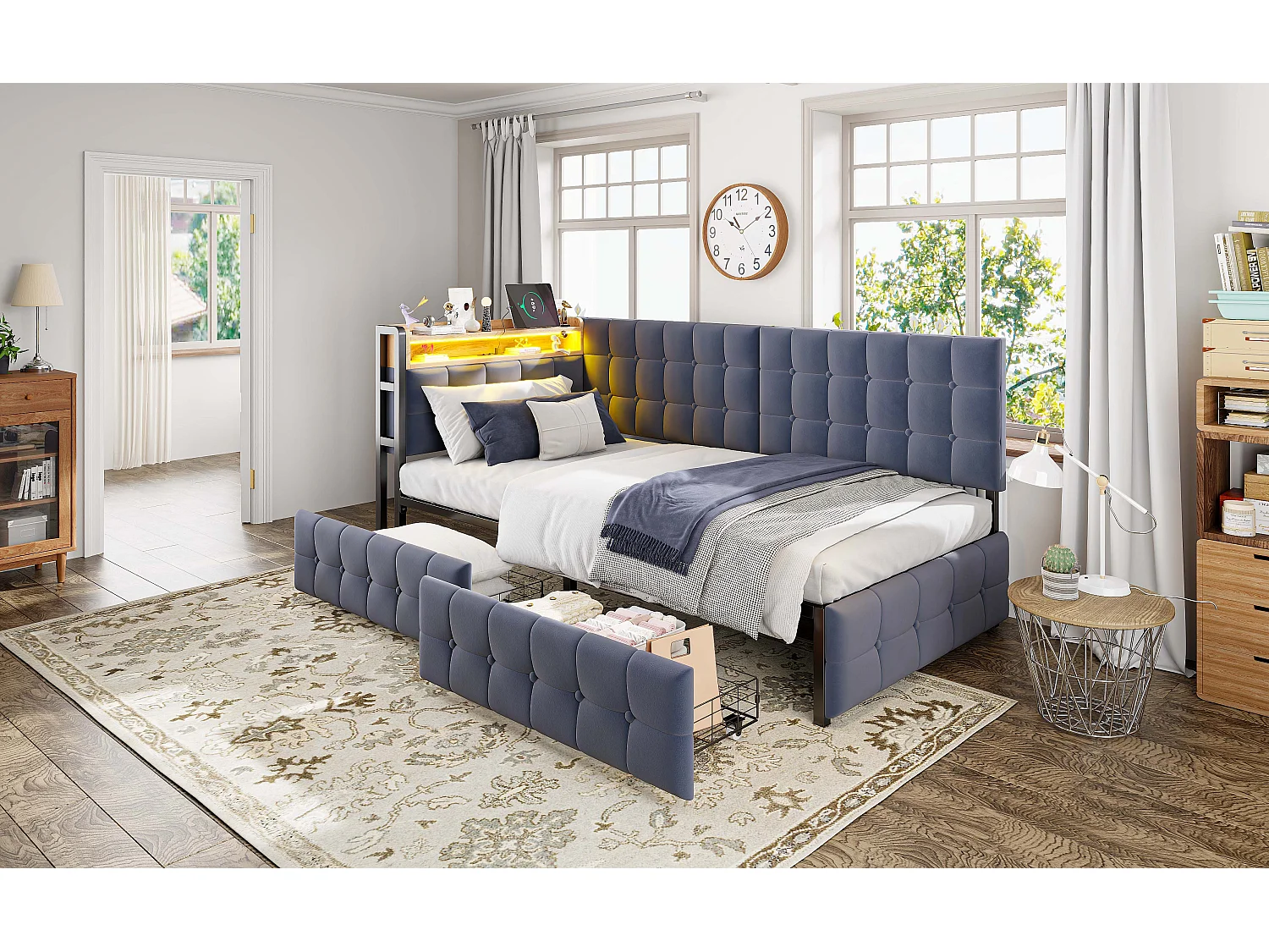 Canapé-lit 90 x 200 cm en tissu gris avec 2 tiroirs et lampe LED intégrée