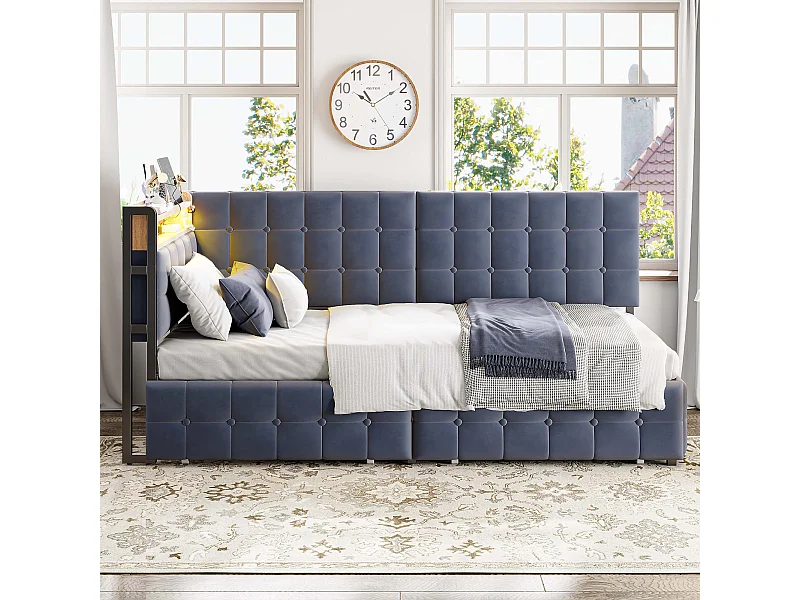 Canapé-lit 90 x 200 cm en tissu gris avec 2 tiroirs et lampe LED intégrée