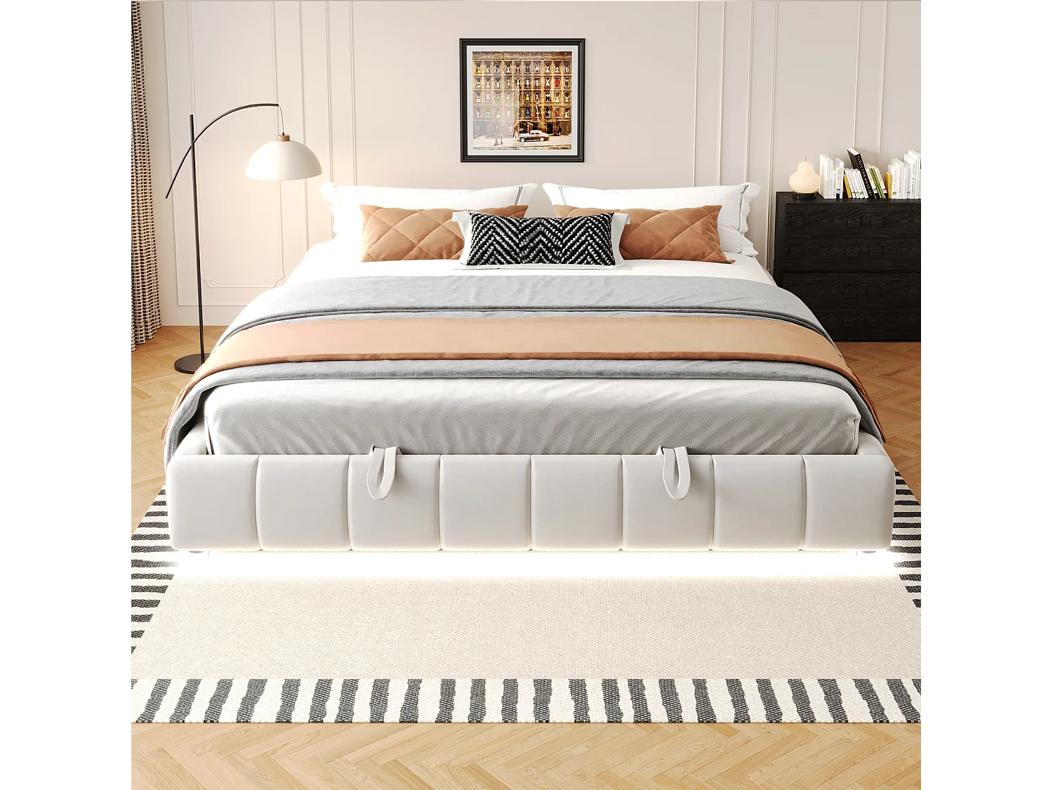 Lit rembourré 180 x 200 cm, sans tête de lit, avec éclairage LED, cadre de lit hydraulique avec rangement, beige