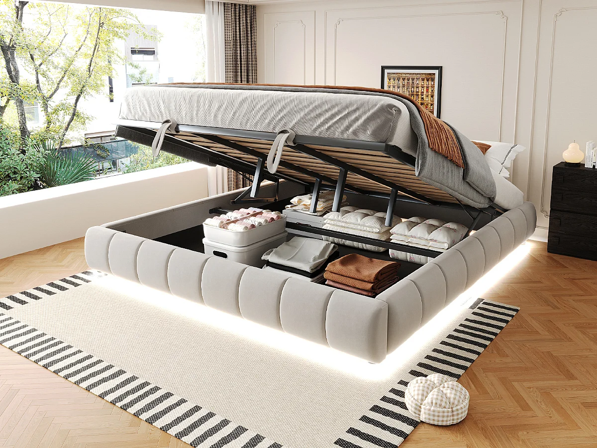 Lit rembourré 180 x 200 cm, sans tête de lit, avec éclairage LED, cadre de lit hydraulique avec rangement, beige