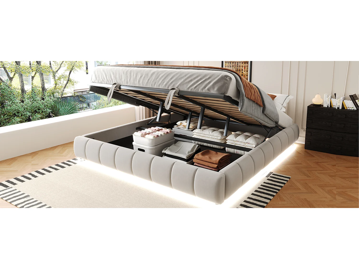 Lit rembourré 180 x 200 cm, sans tête de lit, avec éclairage LED, cadre de lit hydraulique avec rangement, beige