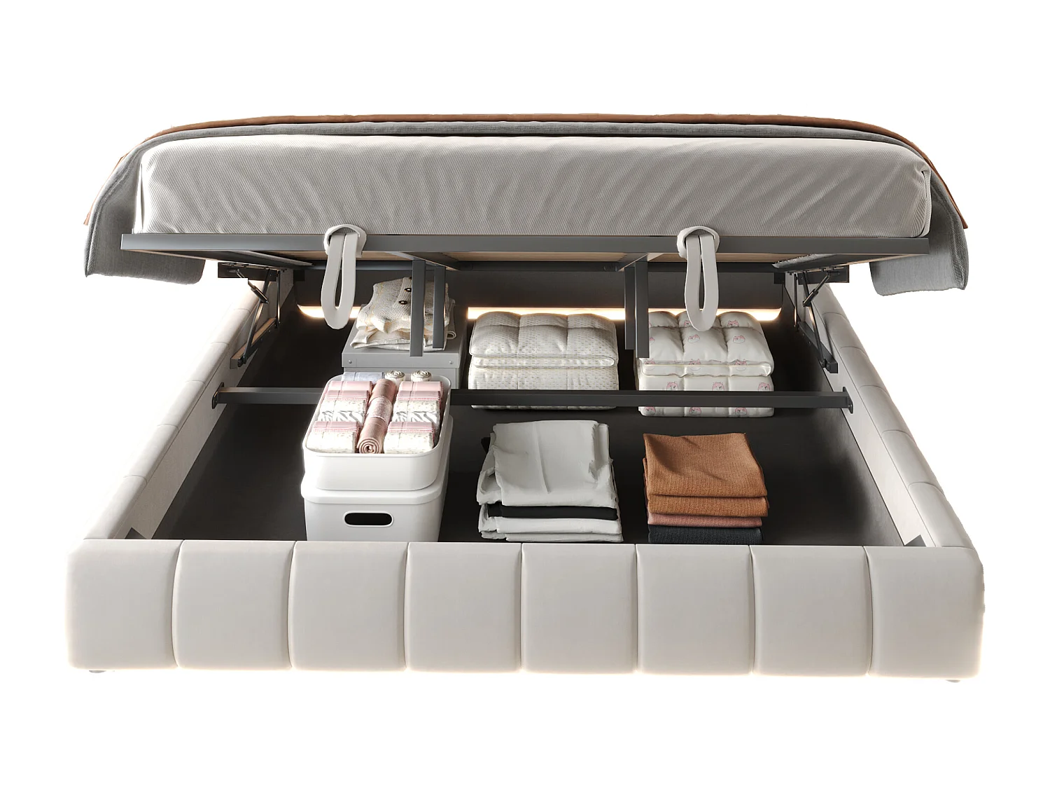 Lit rembourré 180 x 200 cm, sans tête de lit, avec éclairage LED, cadre de lit hydraulique avec rangement, beige