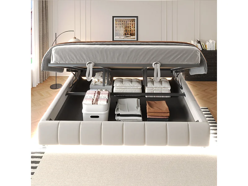 Lit rembourré 180 x 200 cm, sans tête de lit, avec éclairage LED, cadre de lit hydraulique avec rangement, beige