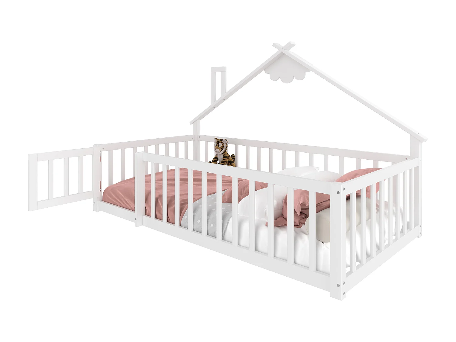 Lit bas 90x190 cm pour enfant avec barreau maison, rambarde avec verrou, bois de pin, Blanc