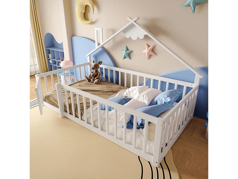 Lit bas 90x190 cm pour enfant avec barreau maison, rambarde avec verrou, bois de pin, Blanc