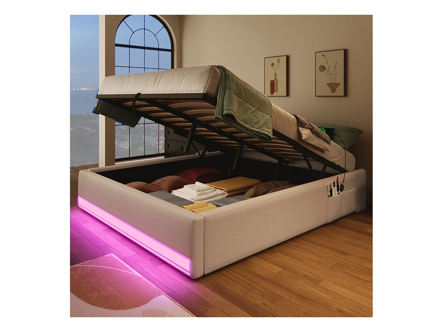 Lit rembourré 140x200 cm, LED télécommandée, USB + Type-C, petites poches de rangement, sans tête de lit, fonction de stockage hydraulique, sans matelas, Beige